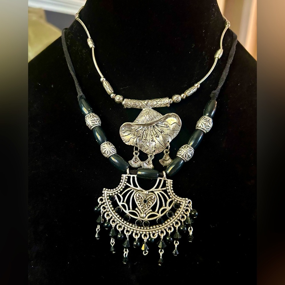 Bundle/lot: 2 Tibetan Silver/tone Black Statement Necklaces Avenue Beaded Fringe